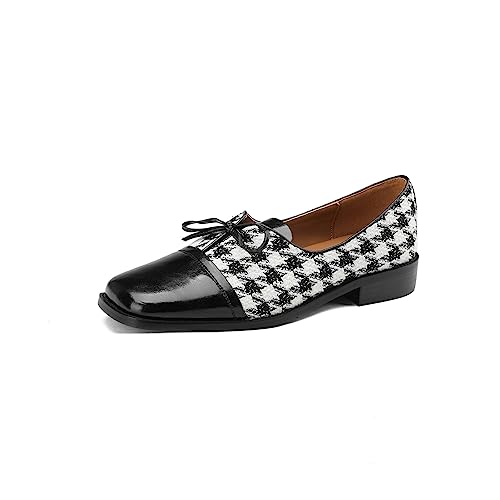 TinaCus Sqaure Toe Genuine Leather & Plaid Fabric Handamde Cute Bowtie Women's Flat Shoes