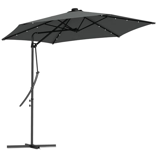 Outsunny Sombrilla Voladiza de 3 m con Luces LED Sombrilla de Jardín con Manivela y Base Cruzada Parasol Excéntrico para Exterior Patio Terraza Gris Oscuro