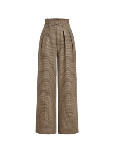 MakeMeChic Women's Plaid Business Pants High Waist Wide Leg Office Work Trousers with Belted