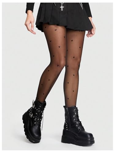 OYOANGLE Women's Heart Print Pantyhose Sheer Mesh High Waist Tights Y2K Thigh High Stockings3
