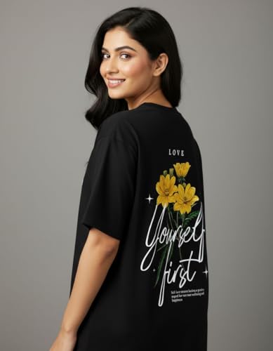 Image of Oversized Cotton T-Shirt for Women Half Sleeve - Love Yourself First Printed Tee - Breathable Loose Fit Motivational Casual Wear for College and Daily Outfits