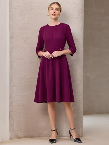 Women's 3/4 Sleeve A-Line Dress Crew Neck Business Work Flare Midi Dresses2