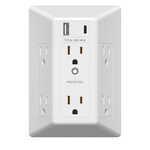 LIDER 6-Outlet Surge Expander with PD-36W USB Type A/C, Fast Charging, Surge Protector Up to 1500J with LED Indicator, USB Wall Multi Outlet Extender, White