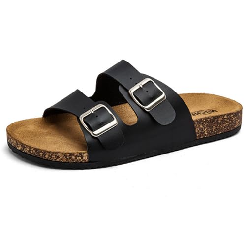Men's Casual Double-Buckle Sandals - Leather Slides with PVC Sole for Beach & Outings
