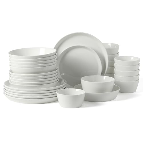 Image of Martha Stewart Selma Plates and Bowls Sets, 30-Piece Porcelain Dinnerware Set for 6, White Dish Set with Dinner Plates, Dessert Plates, Pasta Bowls, Cereal & Fruit Bowls