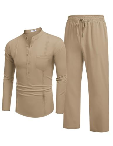 COOFANDY Conjunto masculino de 2 peças de algodão, casual, manga comprida, camisa Henley cubana e ca