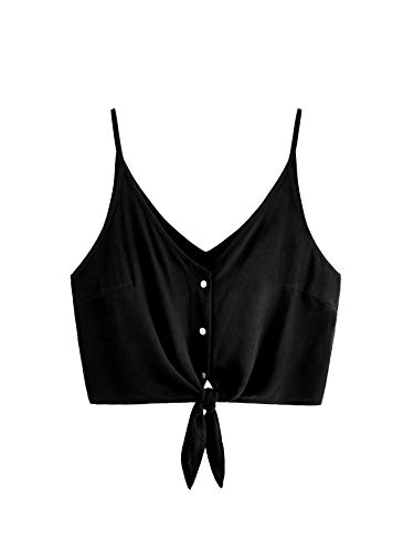MakeMeChic Women's Casual V Neck Button Seft Tie Front Crop Cami Tops Camisole