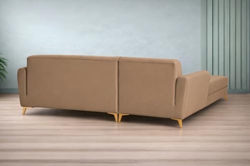 Image of Adorn India Premium Luster 6 Seater L Shape Sofa Set | Velvet Suede Fabric | 3-Year Warranty | LHS |Color Camel with Golden Legs & Striped Pattern Cushion