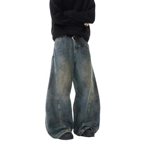 Men Vintage Washed Loose Fit Denim Pants Summer Straight Leg Casual Trousers with Pockets Streetwear