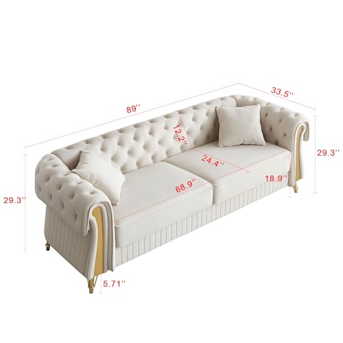 Image of KEIKI 89 inch Chesterfield Velvet Button Tufted Sofa with High Density Foam Cushions and 2 Toss Pillows, Modern Style 3-Seater Couch with 4 Gold Metal Leg, Easy Assembly, for Living Room, Apartment, Beige