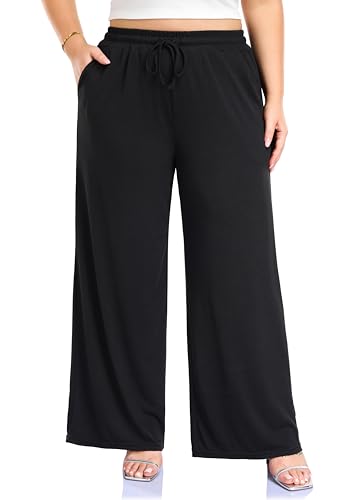 ZERDOCEAN - ZERDOCEAN Women's Plus Size Rib Wide Leg Pants High Waisted Palazzo Drawstring Casual Lounge Pants Trousers with Pockets Black 1X (50% Off Amazon Deal)