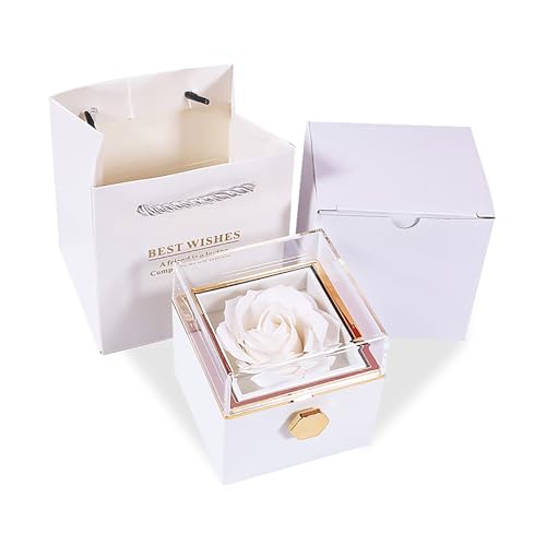 JYCMMFC Rose Ring Box Jewelry Box Artificial Flowers Eternal Rose Box Anniversary Wedding Valentines Day Christmas Gifts for Mom Wife Girlfriend Women (White)