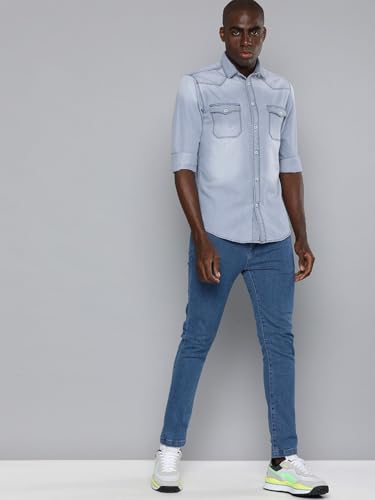 Image of The Indian Garage Co Men Slim Fit Solid Full Sleeves Cutaway Collar Double Flap Pocket Casual Denim Shirt