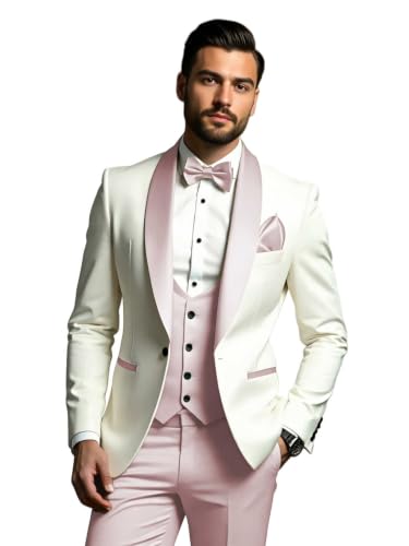 Poliprom Suits for Men Slim Fit 3 Piece Tuxedo Blazer Pants Light Pink Suits for Formal Wedding Prom Party Suit Size S