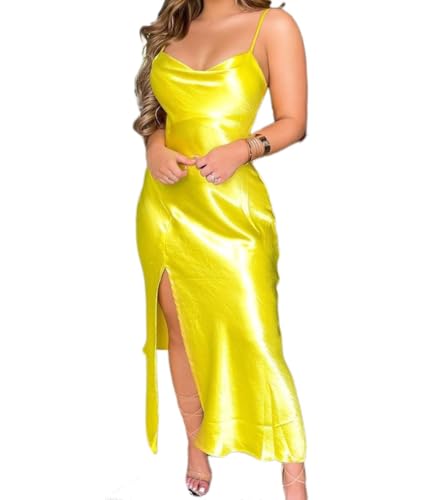 Casual Dresses for Women Yellow Spaghetti Strap Satin Maxi Dress Sundress for Wedding Night Out Cocktail Eveing (1,X-Large) at Amazon Women's Clothing store