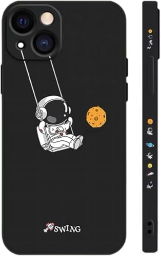 【Kunyehdo】 スマホケース iPhone 14 ケース カバー 対応 iPhoneケース 可爱い 宇宙飛行士 ぶらんこ swing 黒色 ブラック アニメ 宇宙 人気 おしゃれ 韓国 お洒落 おもしろ かわいい 薄型 スリム 耐衝撃 軽量 惑星 液体シリコン ソフトケース 携帯ケース（iPhone14，SW 黑）