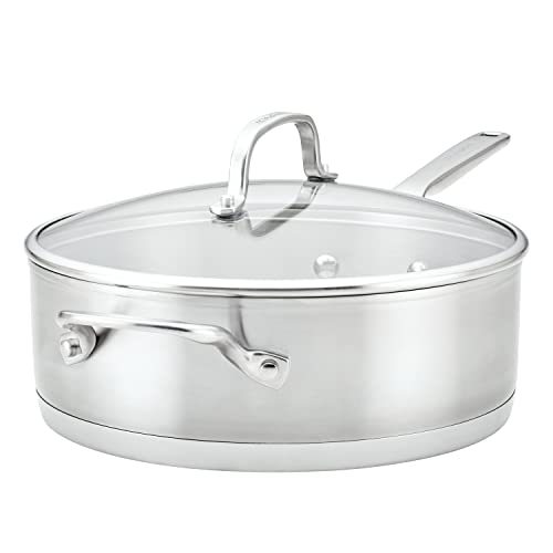 KitchenAid 71027 3-Ply Base Brushed Stainless Steel Deep Saute Pan with Helper Handle and Lid, 4.5 Quart - Brushed Stainless Steel