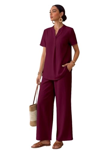 Image of TOPLOT Women's Co-ord Set | Stylish Matching Top & Bottom Set | Notch Neckline with Button Detail | Loose-Fit, Short-Sleeve Top with a Relaxed Silhouette |Ideal for Casual (5250)