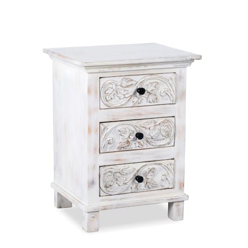 Image of Wooden Bedside Table for Bedroom | Solid Wood Kemi Bedside Table with Drawers | Corner Side Table for Living Room | Traditional Handcrafted Furniture for Home Decor (White Distress)