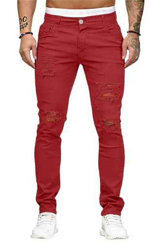 Image of HUNGSON Men's Blue Slim Fit Jeans Stretch Destroyed Ripped Skinny Jeans Side Striped Denim Pants