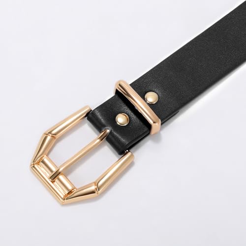 XZQTIVE Women's Leather Belt with Gold Hexagon Studs, Fashion Punk