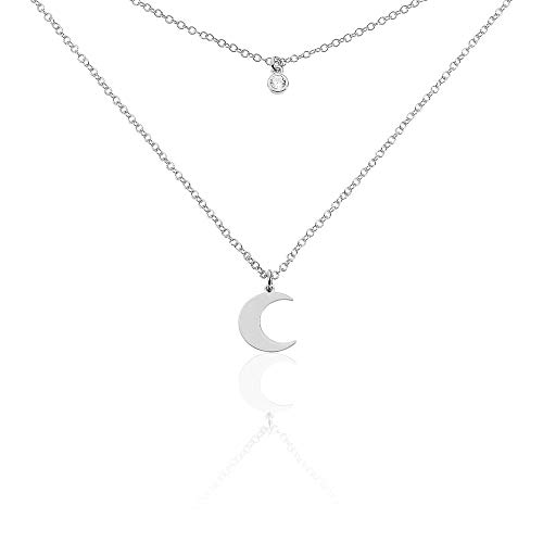 Preisvergleich Produktbild RueParadis Bijoux - Mehrlagige Halskette Apollo - Zirconia Solitär und Halbmond - Massives / Sterling Silber 925 - Kostbarer Damenschmuck - Sommer