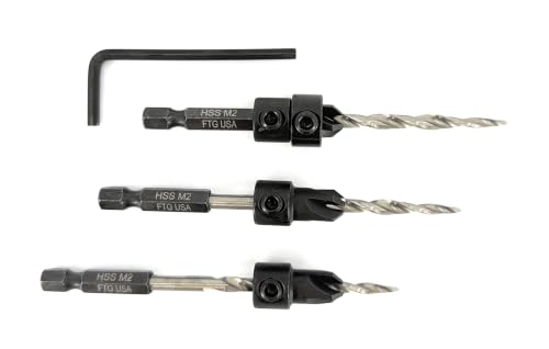 Image of FTG USA 3-Pk #8 (11 /64 inch) Countersink Drill Bit Set, 1 Stop, 1 Wrench & Case