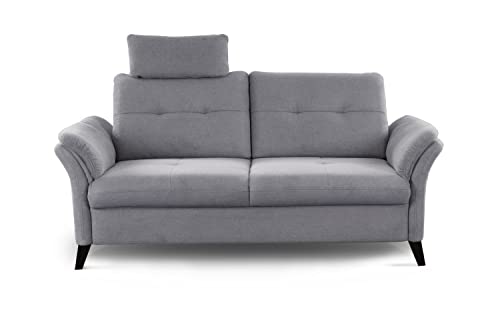 CAVADORE 3er Sofa Grönland / Skandinavische 3-Sitzer-Couch mit Federkern, Sitztiefenverstellung + Kopfstütze / 193 x 90 x 102 / Flachgewebe, Grau