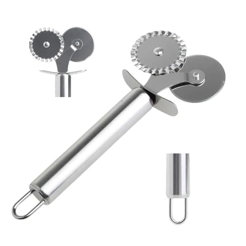 Image of Professional Double Wheel Pastry Cutter - Stainless Steel Pasta & Ravioli Cutter Wheel with Fluted and Straight Blades - Multi-Purpose Dough Crimper and Pizza Slicer for Baking and Home Cooking
