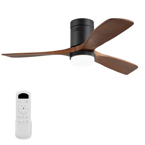 Sofucor 52 Inch Low Profile Ceiling Fans with Light, Modern Flush Mount Solid Wood Ceiling Fan with Airflow 5000CFM, Quiet DC Motor, 6 Speeds, Timer & Reversible for Living Room Bedroom, ETL, Walnut