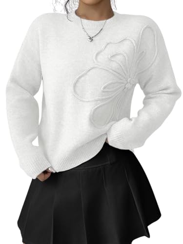 Image of Verdusa Women's Spring 3D Flower Appliques Crewneck Sweaters Long Sleeve Drop Shoulder Pullovers Knit Going Out Tops