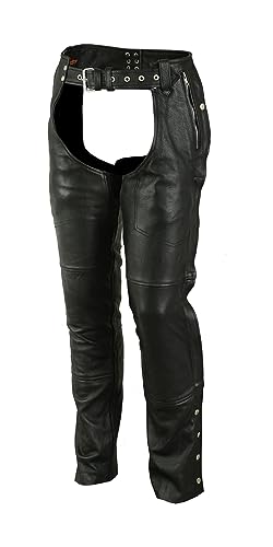 Daniel Smart Motorcycle Leather Chaps All Season Unisex Assless Chaps with mesh Under Lining & Customizable Fitting Black