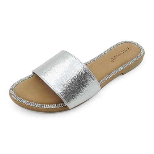 Lurnyet Women's Flat Sandals Slip on Round Open Toe Fashion Glitter Shiny Bling Slide Sandals Summer