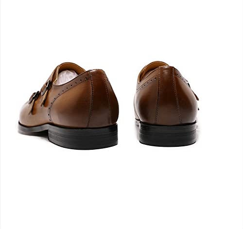 Formal Shoes for Men Slip On Brogue Embossed Wing-tip Double Monk Strap Round Toe Cowhide Low Top Rubber Sole Non Slip Anti-Slip Walking4