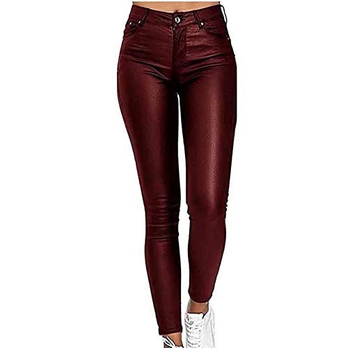 NIULI Pantalones de piel sintética para mujer, vaqueros elásticos de piel sintética, mallas de cintura alta, medias de cintura alta, pantalones de lápiz, pantalones de ocio, rojo vino, S