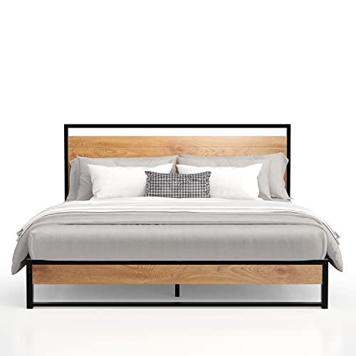 Nazhura Metal King Size Platform Bed Frame with Wood Headboard/Footboard