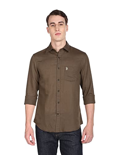 Image of U.S. Polo ASSN. Men's Solid Cotton Linen Tailored Fit Spread Collar Casual Shirt