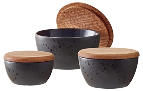 BITZ Schalenset, 3 Schalen/Schüsseln mit Deckel aus Eichenholz, Durchm. 10, 12 & 14 cm, Schwarz/Dunkelblau