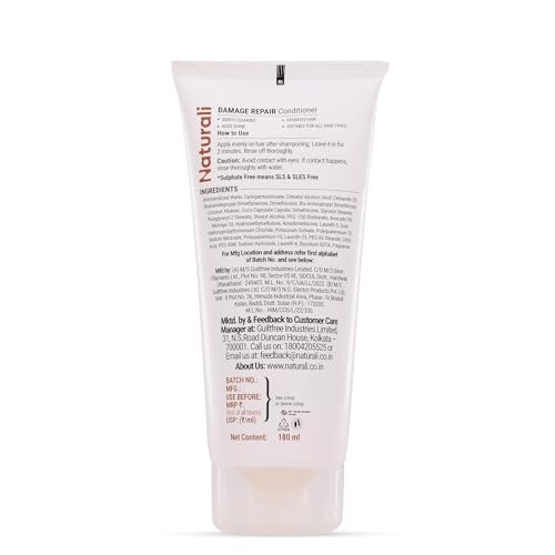 Image of Naturali Damage Repair Conditioner with Avocado & Moringa Oil | No Sulphates, No Parabens | Deeply Hydrates & Smoothens Damaged Hair | Repairs Split Ends | Conditioner 180ml Tube