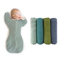 SwaddleDesigns Baby Swaddle Set, Jadeite, 3-6 Mo Transitional Swaddle Sack with Arms Up Half-Length Sleeves & Mitten Cuffs and Cotton Muslin Swaddle Blankets 4pk, Cascadia