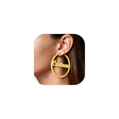 Custom4U Bamboo Hoop Earrings for Women Gold/Silver/Black Large Name Earrings Personalized - Hypoallergenic Lightweight Big Thick Hoops 30/40/50/60/70/80mm - Custom Made Birthday Christmas G