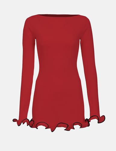 Image of ISZPLUSH Women's Sexy Bodycon Ruffle Hem Knit Dress Crew Neck Long Sleeve Slim Club Party Mini Dress