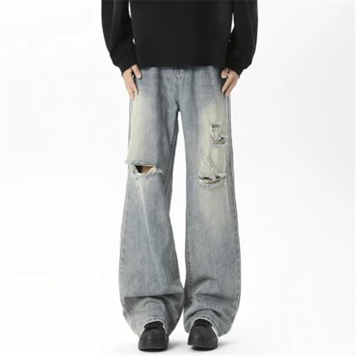 Men’s Korean Style Denim Pants, Contrast Color, Hole Design, Wide Leg, Loose Male Jeans3