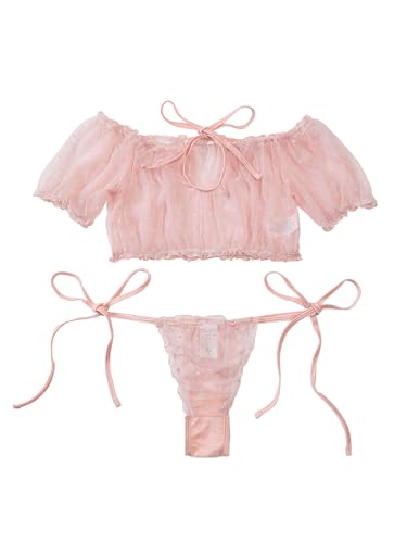 Image of Lilosy Sexy Stretch Ruffle Tie Sheer Mesh Lingerie Set Outfits