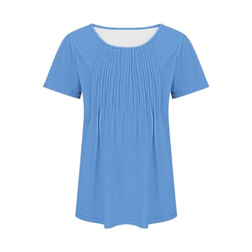 Camisetas femininas de manga curta, caimento solto, casual, plissada, gola redonda, blusas femininas