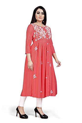 Image of Women's Rayon Flared Embroidery Kurti Under 599 Designer Attractive Look Women's Kurta