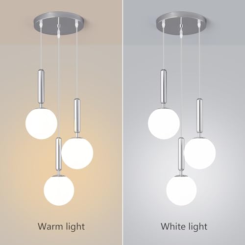 Image of Modern Chrome Pendant Light Hanging Fixture Light for Kitchen Island Mid Century with Globe Pendant Light Milk White Glass Pendant Lighting for Living Room Bedroom Entryway (3 Lights)