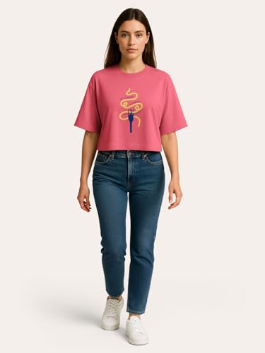 Image of HELLCAT Beige Printed Loose Fit Crew-Neck Crop T-Shirt for Women