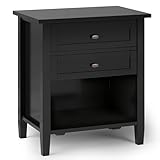 SIMPLIHOME Warm Shaker Bedside Table - 24 inch Wide Solid Wood Nightstand in Black, Transitional Bedroom Side or End Table with 2 Drawers, Open Shelf Storage and Bronze Hardware