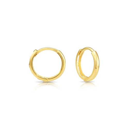 Image of 14K Yellow Gold Huggie Hoop Earrings, Shiny and Small, Round and Oval